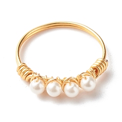 Golden Round Shell Pearl Beads Finger Rings, with Eco-Friendly Copper Wire, Golden, US Size 8 1/4(18.3mm)