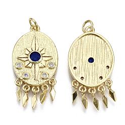 Real 16K Gold Plated Brass Micro Pave Colorful Cubic Zirconia Pendants, with Jump Rings, Nickel Free, Oval with Star, with Rhombus Charms, Real 16K Gold Plated, 32x16x3.5mm, Jump Ring: 5x0.7mm, Inner Diameter: 3mm