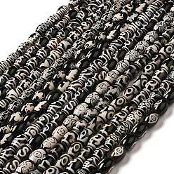 Motifs Mixtes Chapelets de style tibétain dzi , perles naturelles et teints en agate, riz, noir, motifs mixtes, 13~14x9.5~10mm, Trou: 1.4mm, Environ 25 pcs/chapelet, 13.58 pouce (34.5 cm)