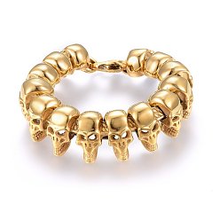 Golden 304 Stainless Steel Link Bracelets, with Lobster Claw Clasps, Skull, Golden, 9 inch(23cm), 25.5x14mm