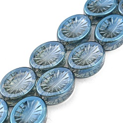 Steel Blue Electroplate Glass Beads Strands, Full Plated, Oval with Flower, Steel Blue, 14x10.4x4.8mm, Hole: 1.2mm, about 45pcs/strand, 25.04 inch(63.6cm)