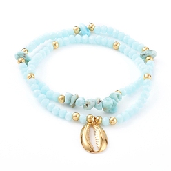 Cyan Clair Ensembles de bracelets extensibles, perles de verre, perles éclats de larimar naturel et 304 pendentifs en acier inoxydable, shell cauris, or, cyan clair, diamètre intérieur: 2-1/8 pouce (5.5 cm), 2 pièces / kit