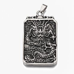 Antique Silver Tibetan Style Alloy Big Pendants, Rectangle with Dragon & Chinese Character, Antique Silver, 59x33x5.5mm, Hole: 8.5x3.5mm