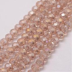 Moccasin Electroplate Glass Bead Strands, Rondelle, Faceted, Rainbow Plated, Moccasin, 3~3.5x2mm, Hole: 1mm, about 120~125pcs/strand, 12.4 inch