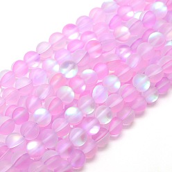 Pearl Pink Synthetic Moonstone Beads Strands, Holographic Beads, Half AB Color Plated, Frosted, Round, Pearl Pink, 8mm, Hole: 1mm, about 46pcs/strand, 15 inch