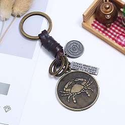 Cancer Punk Style Woven Flat Round with 12 Constellation Leather Keychain, for Car Key Pendant, Cancer, 11cm