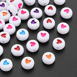 Mixed Color Acrylic Beads, Flat Round with Heart, Mixed Color, 7x4mm, Hole: 1mm, about 3600pcs/500g