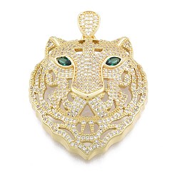 Real 18K Gold Plated Brass Micro Pave Clear Cubic Zirconia Pendants, Tiger, Real 18K Gold Plated, 45.5x39x12.5mm, Hole: 3x6mm
