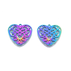 Rainbow Color Ion Plating(IP) 201 Stainless Steel Pendant, Hollow Charms, Heart, Rainbow Color, 23x24.5x1.5mm, Hole: 1.5mm