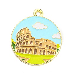 Green Yellow Alloy Enamel Pendants, Golden, Flat Round with Building Pattern, Green Yellow, 27x22x1.5mm, Hole: 1.8mm