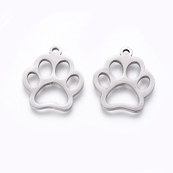 Stainless Steel Color 201 Stainless Steel Pet Pendants, Manual Polishing, Dog Footprint, Stainless Steel Color, 18x16x1.5mm, Hole: 1.6mm