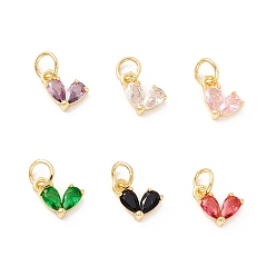 Mixed Color Rack Plating Brass Cubic Zirconia Charms, with Jump Ring, Cadmium Free & Lead Free, Real 18K Gold Plated, Heart, Mixed Color, 8x7x3mm, Jump Ring: 5x1mm,  3.5mm Inner Diameter
