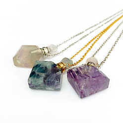 Fluorite Natural Fluorite Perfume Bottle Pendant Necklaces, with Brass Cable Chains, Lobster Claw Clasps and Plastic Dropper, Rhombus, Platinum & Golden, 50~55cm, Bottle Capacity: 0.15~0.3ml(0.005~0.01 fl. oz), 2mm
