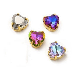 Color mezclado Diamantes de imitación para coser en forma de corazón, diamantes de imitación de cristal, accesorios de prendas de vestir, Enlaces multifilares, con fornituras de latón de tono de oro, color mezclado, 12.5x11.5x7 mm, agujero: 1~1.2 mm