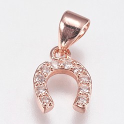 Rose Gold Brass Micro Pave Cubic Zirconia Charms, Horseshoe, Rose Gold, 10x8x2mm, Hole: 3.5x4.5mm