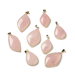 Rose Quartz Natural Rose Quartz Pendants, Leaf Charms, with Rack Plating Golden Plated Brass Findings, Cadmium Free & Lead Free, 35.5~46.5x22~27x6.5~8.5mm, Hole: 5.4x4mm