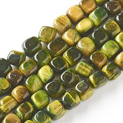 Olive Natural Tiger Eye Beads Strands, Dyed, Cube, Olive, 7~8x7~8x7~8mm, Hole: 0.8mm, about 52pcs/strand, 15.16 inch(38.5cm)