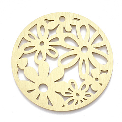 Golden Aluminium Big Pendants, Laser Cut Big Pendants, Flat Round with Flower, Golden, 50x1mm, Hole: 3mm
