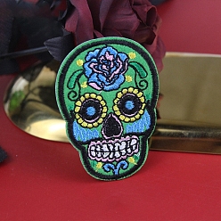 Lime Green Sugar Skull Computerized Embroidery Style Cloth Iron on/Sew on Patches, Appliques, Badges, for Clothes, Dress, Hat, Jeans, DIY Decorations, for Mexico Day of the Dead, Lime Green, 73x54mm