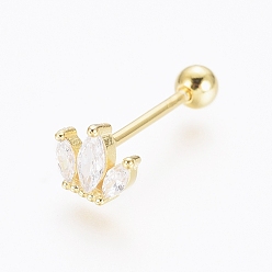 Golden 925 Sterling Silver Barbell Cartilage Earrings, Screw Back Earrings, with Cubic Zirconia, Crown, Golden, 5x6x2mm, Pin: 0.8mm