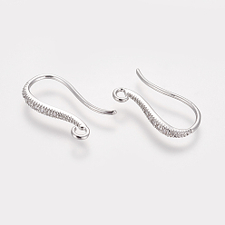 Real Platinum Plated Brass Micro Pave Cubic Zirconia Earring Hooks, with Horizontal Loop, Long-Lasting Plated, Real Platinum Plated, 18.6x10.26x2mm, 12 Gauge, Hole: 1.6mm