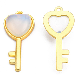 Opalite Colgantes Opalite, con fornituras claros en latón dorado, llave con colgante de corazón, 38x17x6.5~7 mm, agujero: 1.8 mm