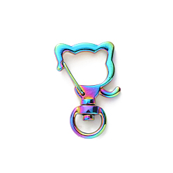 Rainbow Color Alloy Swivel Snap Hooks Clasps, Cat Head, Rainbow Color, 35x24mm