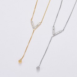 Golden & Stainless Steel Color 304 Stainless Steel Curb Chains Chevron Lariat Necklaces, with Rhinestone and Lobster Claw Clasps, Mixed Color, 13.5 inch(34.5cm), 1.5mm, 0.8mm