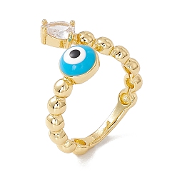 Deep Sky Blue Clear Cubic Zirconia Teardrop & Enamel Evil Eye Open Cuff Ring, Real 18K Gold Plated Brass Jewelry for Women, Lead Free & Cadmium Free, Deep Sky Blue, US Size 5 1/4(15.9mm)