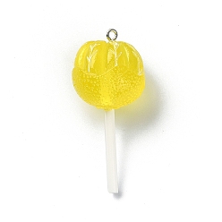 Yellow Translucent Resin Imitation Food Pendants, Lollipop Charms with Platinum Tone Iron Loops, Yellow, 48~50.5x22.5mm
