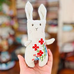 Rouge Bricolage lapin avec des kits de broderie de poupée de fleurs, y compris le tissu en coton imprimé, fil à broder et aiguilles, rouge, 220x120mm