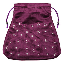 Purple Velvet Packing Pouches, Drawstring Bags, Trapezoid with Moon & Star Pattern, Purple, 21x21cm