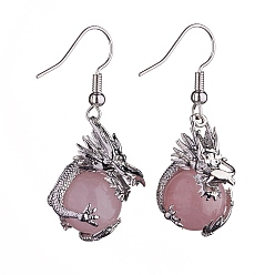 Quartz Rose Boucles d'oreilles dragon en quartz rose naturel, bijoux en laiton platine pour femme, 42mm, pin: 0.6 mm