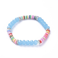 Light Sky Blue Kids Stretch Bracelets, with Polymer Clay Heishi Beads, Faceted Glass Beads and Brass Rhinestone Beads, Light Sky Blue, Inner Diameter: 1-7/8 inch(4.7cm)