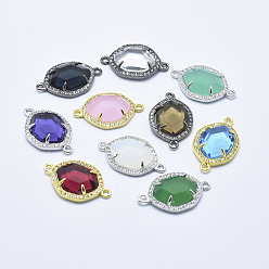 Mixed Color Brass Micro Pave Cubic Zirconia Links, with Glass, Faceted, Oval, Mixed Color, 26x16x5mm, Hole: 1.6mm