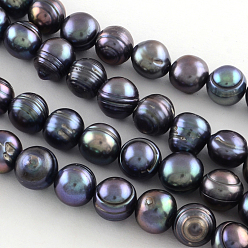 Prussian Blue Natural Cultured Freshwater Pearl Beads Strands, Dyed, Potato, Prussian Blue, 7~10x8~9mm, Hole: 0.6~0.7mm, about 44pcs/strand, 13.58 inch(34.5cm)