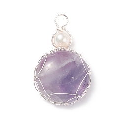 Amethyst Natural Amethyst Pendants, with Silver Tone Copper Wire and Natural Cultured Freshwater Pearl, Flat Round Charm, 34~37x21~22x7~8mm, Hole: 4~4.5mm