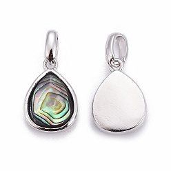 Platinum Natural Abalone Shell/Paua ShellCharms, with Brass Findings, Teardrop, Platinum, 14.5x10x4.5mm, Hole: 3x4mm