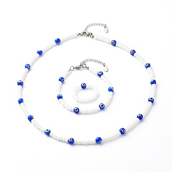 Bleu Ensemble de bijoux en perles de verre fait à la main, y compris collier et bracelet et bagues, avec des perles au chalumeau, 304 fermoirs pinces de homard en acier inoxydable et chaîne d'extension, Perles en laiton, mauvais œil, bleu, 185~465mm, diamètre intérieur: 19 mm, 3 pièces / kit