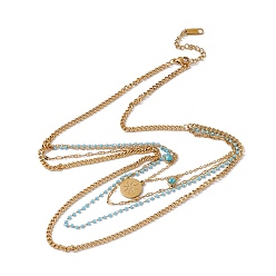 Golden Synthetic Turquoise Sun Pendant Multi Layered Necklace with Plastic Beaded, 304 Stainless Steel Bohemia Necklace for Women, Golden, Wide: 1.6mm, 2mm and 3mm, 16.14 inch(41cm)