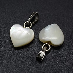 Platinum Shell Charms, with Brass Findings, Heart, Platinum, 12~13x9~10x2~4mm, Hole: 2x5mm