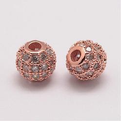 Rose Gold Brass Micro Pave Cubic Zirconia Beads, Round, Rose Gold, 6x5.5mm, Hole: 2mm