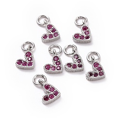 Hot Pink Brass Micro Pave Cubic Zirconia Charms, Long-Lasting Plated, Lead Free & Nickel Free & Cadmium Free, Heart, Hot Pink, Real Platinum Plated, 9.5x6.5x2mm, Hole: 1mm.
