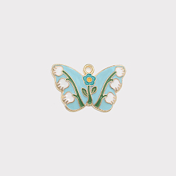 Bleu Clair Pendentifs en alliage, avec l'émail, or et de lumière, papillon avec jacinthe des bois, bleu clair, 18x28mm