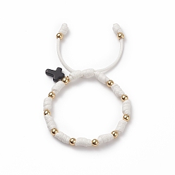 Blanc Bracelet à breloques croix turquoise synthétique (teint), Bracelet porte-bonheur noeud en polyester ciré avec perles en laiton pour homme femme, blanc, diamètre intérieur: 2-1/2~3-1/8 pouce (6.5~8 cm)