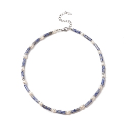 Blue Spot Jasper Natural Blue Spot Jasper & Pearl & Crystal Rhinestone Beaded Necklace for Women, 16.89 inch(42.9cm)
