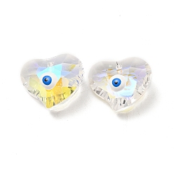 White Transparent Glass Beads, with Enamel, Faceted, Heart with Evil Eye Pattern, White, 15.5x18.5x10mm, Hole: 1.6mm