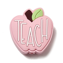 Pink Teachers' Day Apple with Word Teach Silicone Focal Beads, Chewing Beads For Teethers, DIY Nursing Necklaces Making, Pink, 30x28x9mm, Hole: 2.5mm