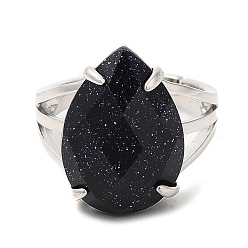 Blue Goldstone Synthetic Blue Goldstone Adjustable Rings
, Long-Lasting Plated, Lead Free & Cadmium Free, Teardrop, US Size 7(17.3mm)