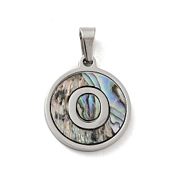 Letter O 304 Stainless Steel with Paua Shell Pendants, Stainless Steel Color, Flat Round with Letter Charm, Letter.O, 18x16x1.5mm, Hole: 3x6mm
